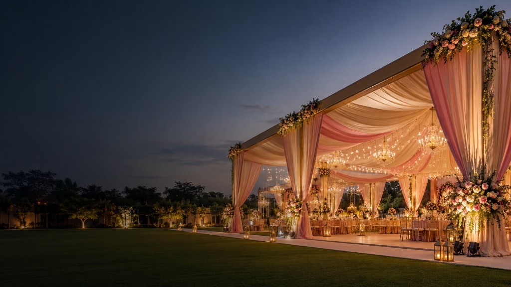 Luxury outdoor wedding tent lit with chandeliers and floral décor at dusk
